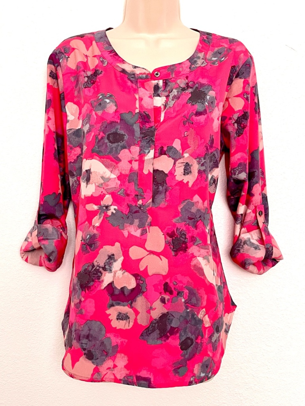 Ann Taylor Pink Floral Roll-Sleeve Tunic Blouse